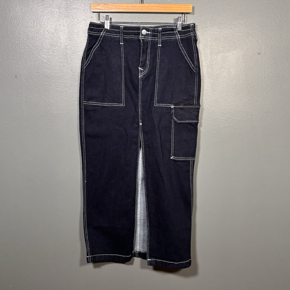 True Religion Demin Maxi Skirt Sz 27 (30) Y2K Cargo Grunge Streetwear Slit Dark - Picture 2 of 9